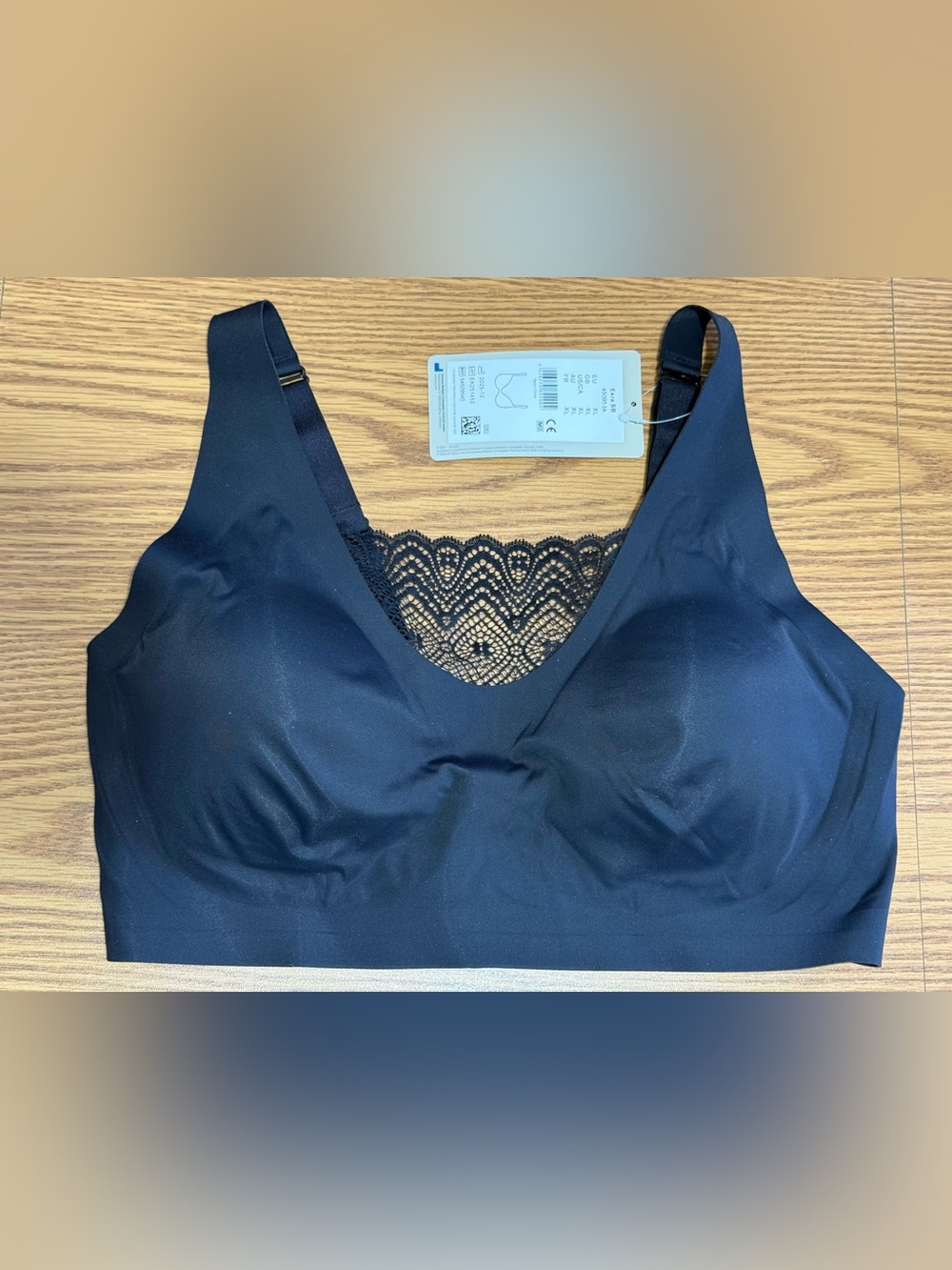 Amoena XL Mastectomy - Black - No Wire Bra Smooth Tee Shirt Soft &Lace Cups NWT
